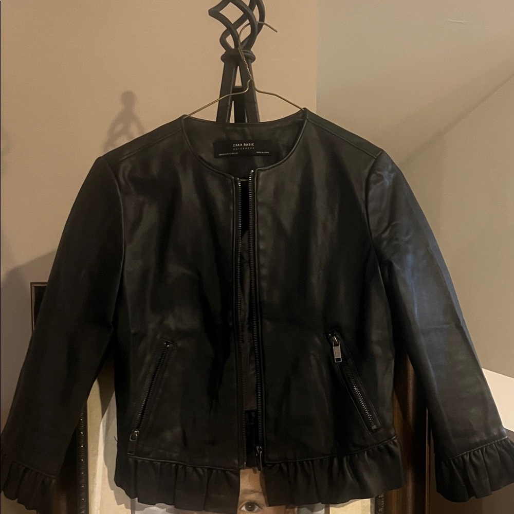 Zara Black Leather Jacket with Ruffle Hem XS